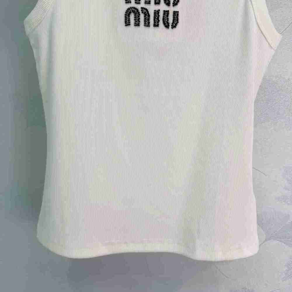 💎Miu Miu Rhinestone Logo White Ribbed U-Neck Fitted Tank Top - Picture 3 of 5